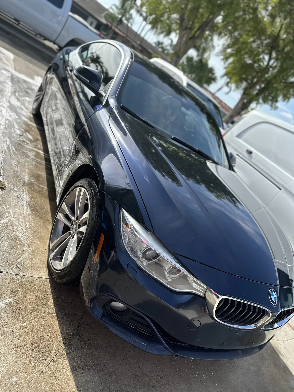 Deep blue BMW with bright sky reflected across its hood
