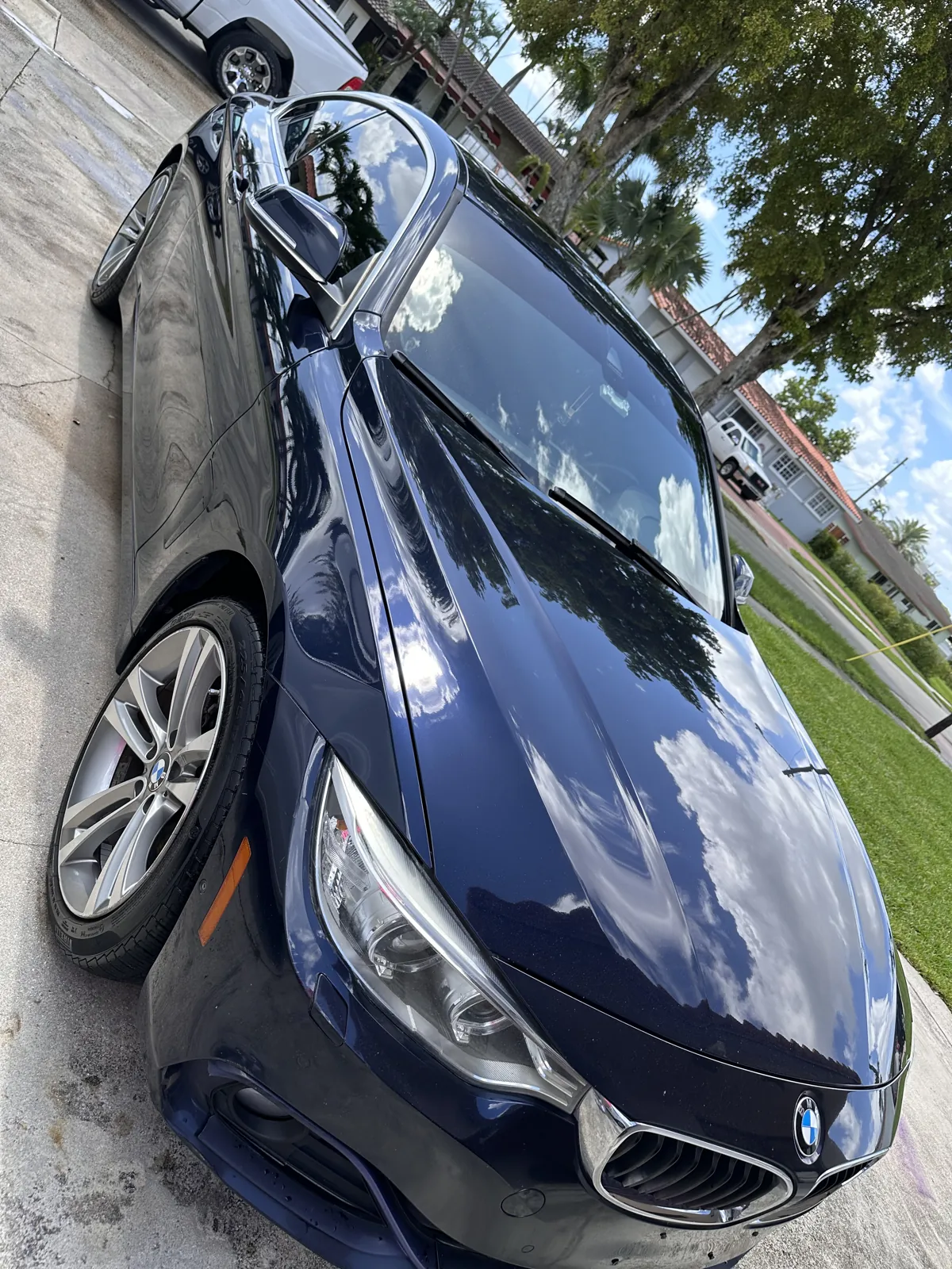 Sky and trees reflected in the blue paint of a BMW